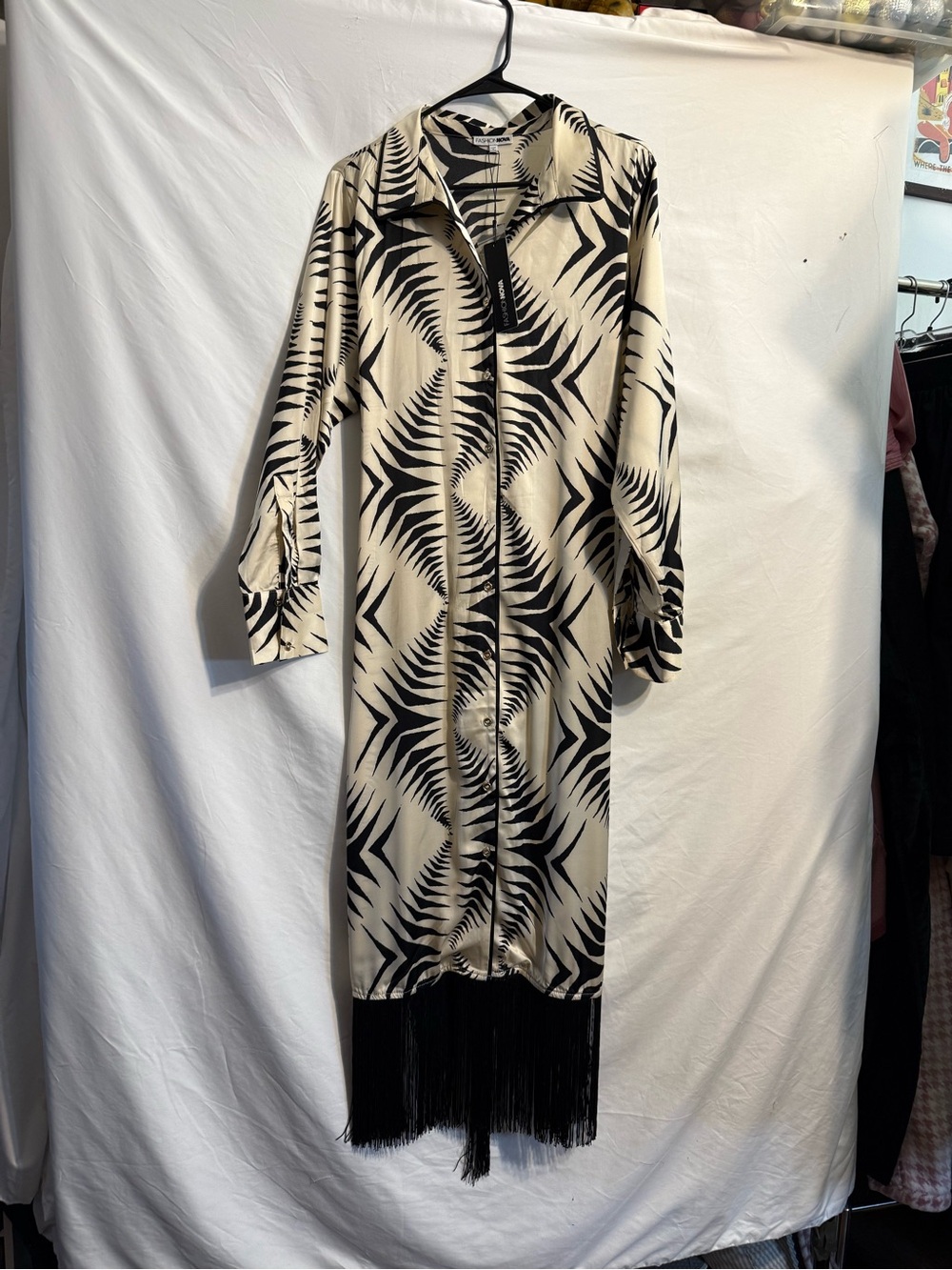 Fashion Nova Black and Cream Maxi Shirt Dress with Fringe
